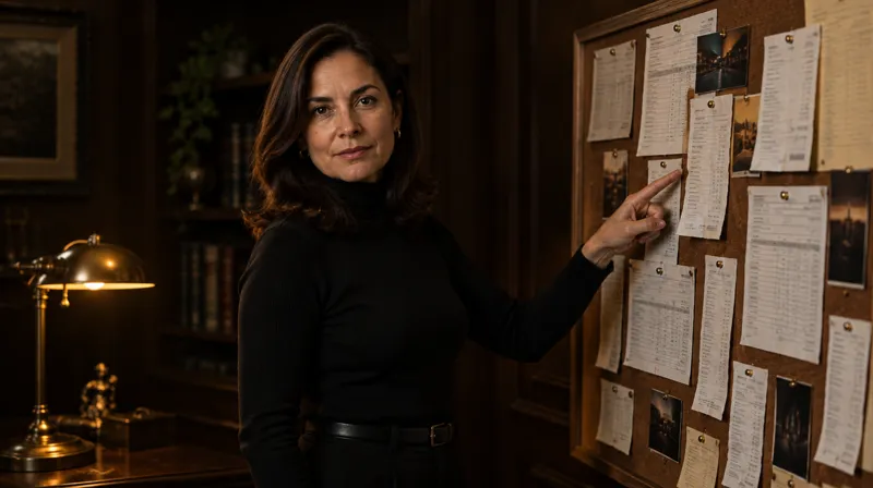 Helena ao lado de um quadro com recibos e notas presos