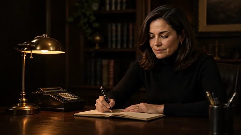 Helena anotando num caderno ao lado de uma calculadora de mesa