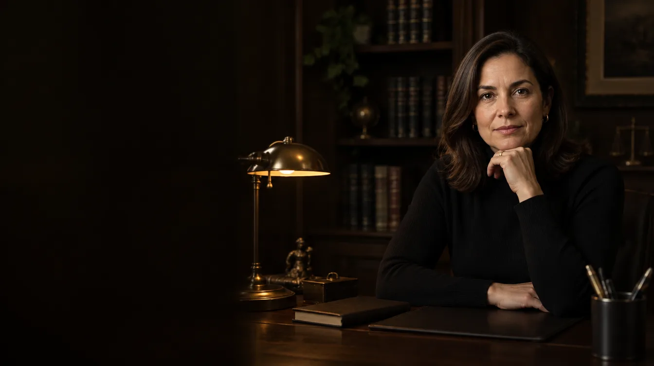 Helena Duarte sentada à mesa do escritório, com estantes de madeira ao fundo