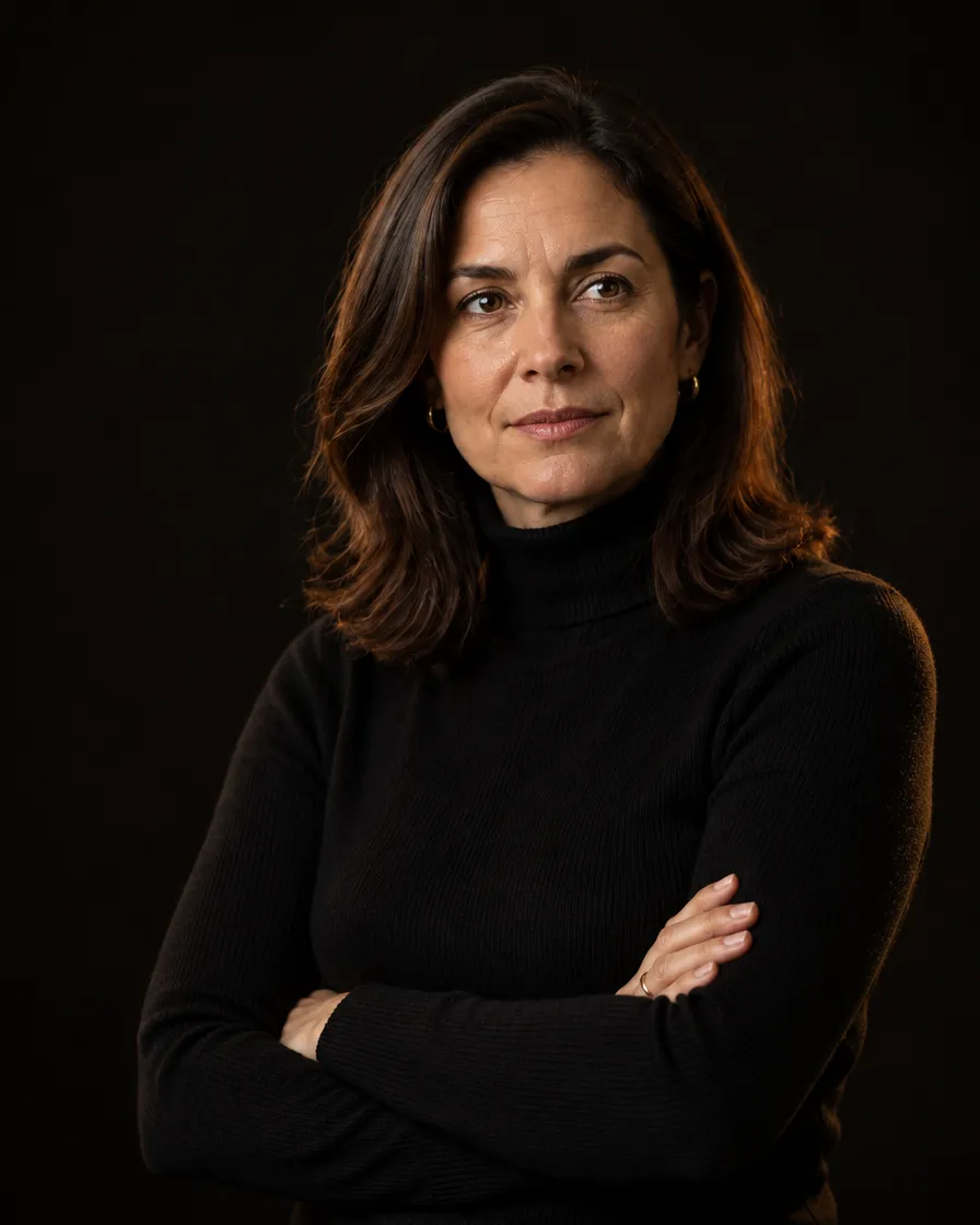 Retrato de Helena Duarte de braços cruzados